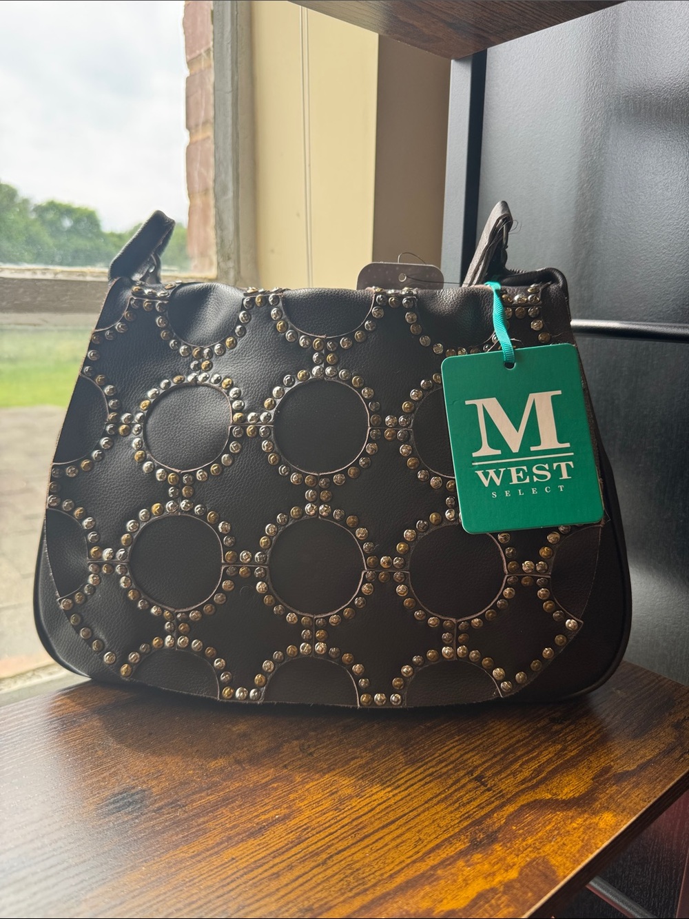 Montana west Black Studded Circle-Pattern Shoulder Bag magnetic flap nwt